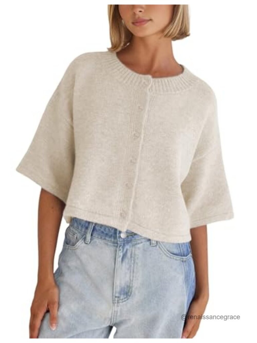 Lightweight Cropped Knit Cardigan Women Button Up 3/4 Sleeve
